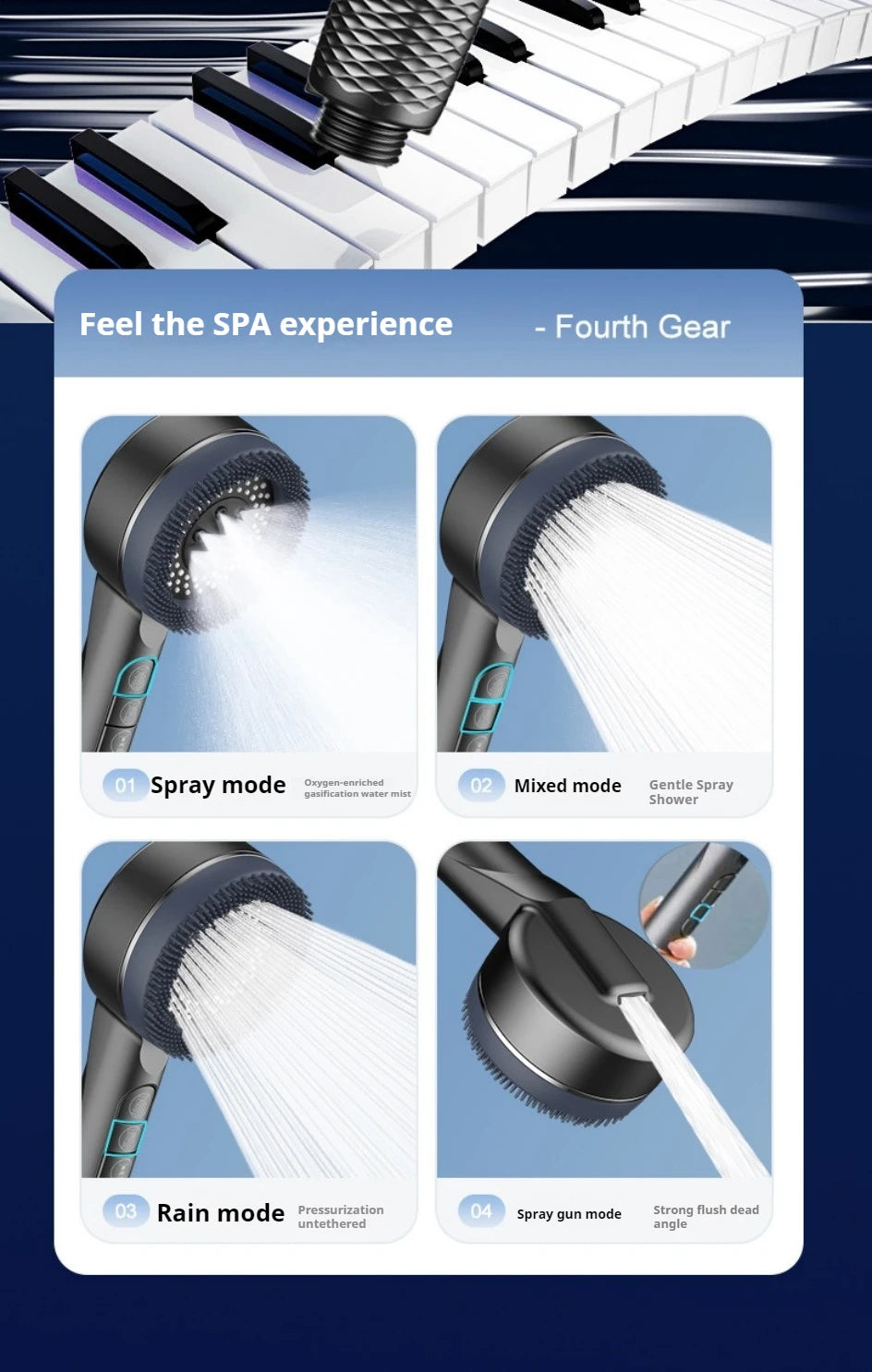 4 Modes Self-cleaning Shower Head with Silicone Brush One-Key Stop Water Massage High Pressure ABS Showerhead with Filter