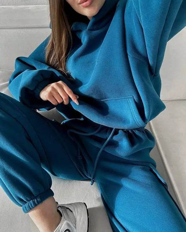 Hoodies Suit Winter Autumn Solid Casual Tracksuit Women Fleece 2 Pieces Set Sports Sweatshirts Pullover Jogger Sweatpants Outfit - AIAZ