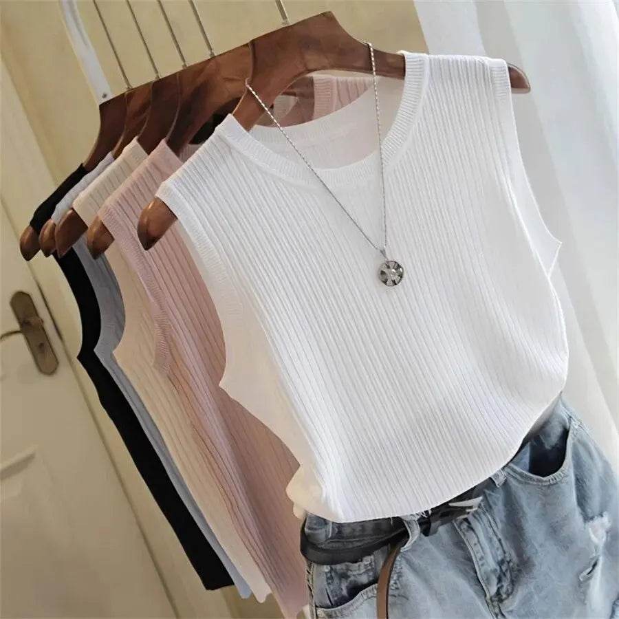 2025 Summer New Fashion Knitted Vests O-neck Sleeveless Casual Thin Tops Sleeveless Blouse Women Shirt - AIAZ