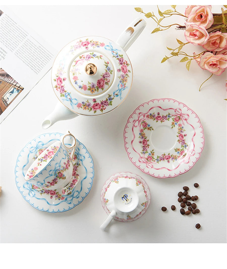 Ceramic Cup and Saucer Retro Bone China Coffee Cup French Romantic Elegant Floral Bow Afternoon Tea Drinkware Handmade Teapot