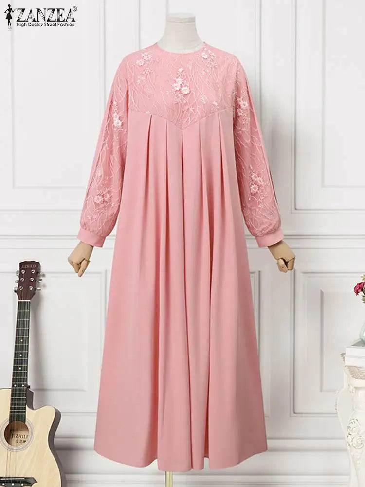 Autumn Muslim Fashion Long Dress ZANZEA Women Long Sleeve O Neck Vestidos Dubai Kaftan Maxi Sundress Robe Elegant Lace Abaya - AIAZ