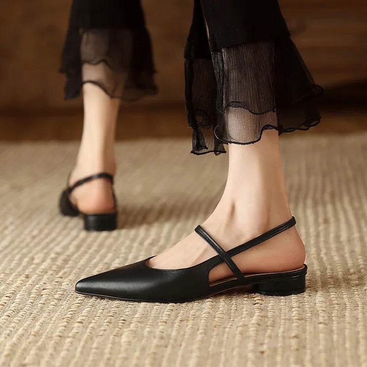 Summer Sandals Sheep Leather Women Shoes Pointed Toe Low Heel Women Pumps Genuine Leather Cover Toe Sandals for Women Handmade - AIAZ