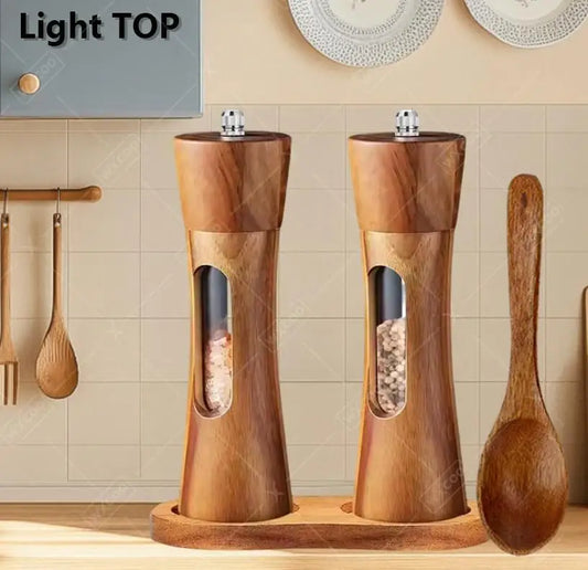 Wood Pepper Grinder Shaker Adjustable Ceramic Core Grinding Bottle with Base Wood Salt Pepper Mills for Kitchen Cooking BBQ