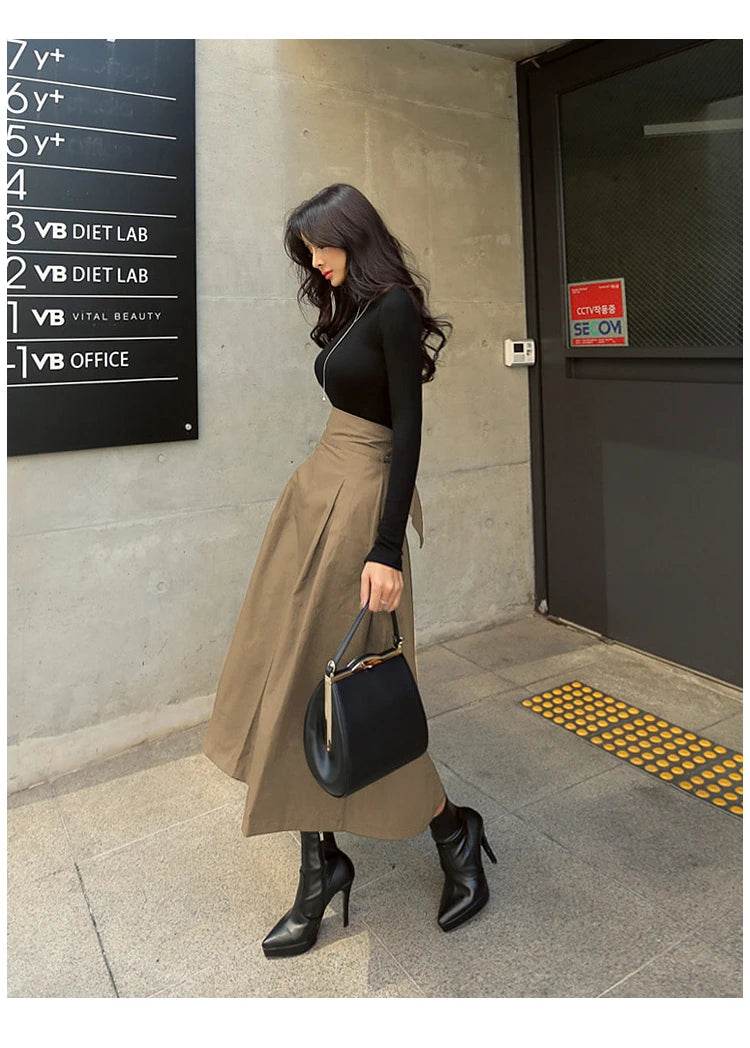 Skirts Womens Korean Fashion Solid Color Big Swing Ladies Skirt Long Skirt 2025 Autumn Wild High Waist Bow Slim Skirts - AIAZ