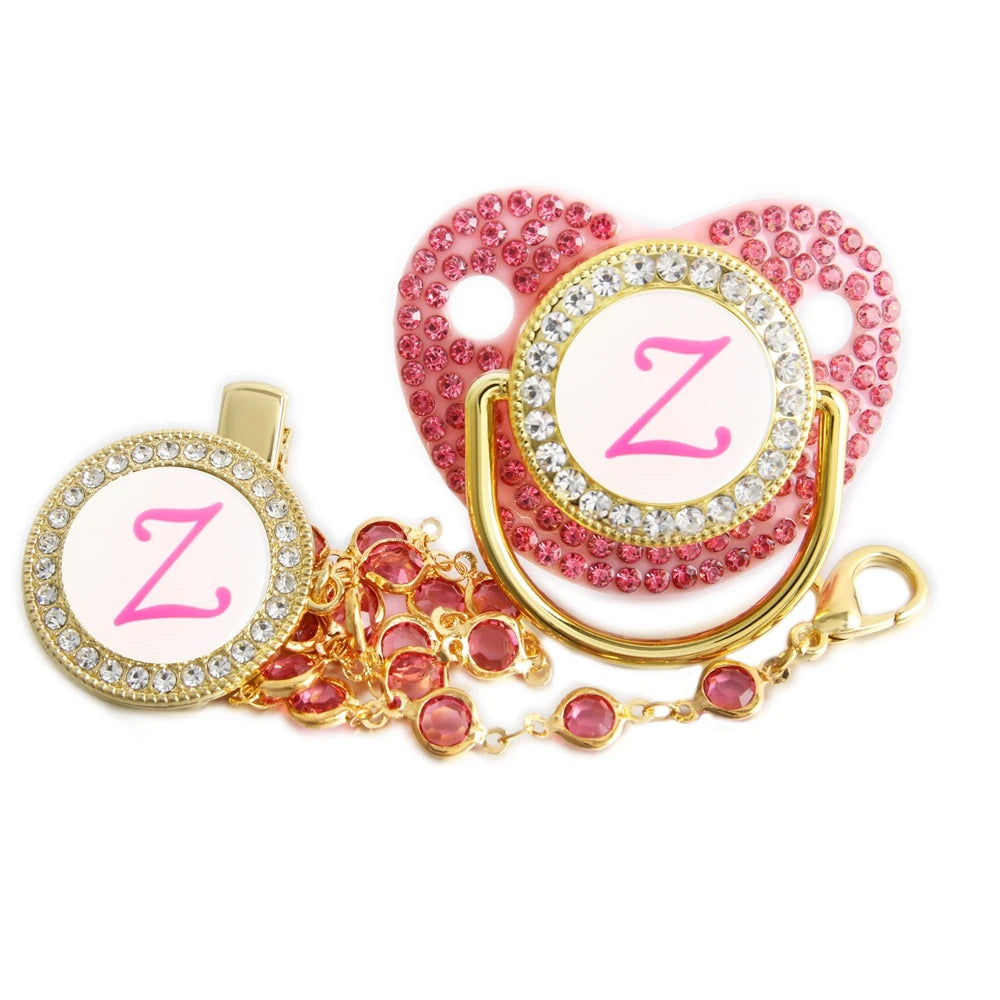 26 Initial Letters Pink Baby Pacifier With Diamond Chain Clip