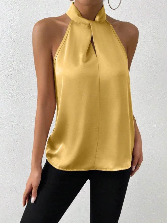 2025 Women's Tanks Top Camis Hanging Neck Strap Design Satin Gloss Loose Sleeveless Blouses Blusas Mujer Moda Black Sexy Shirt - AIAZ
