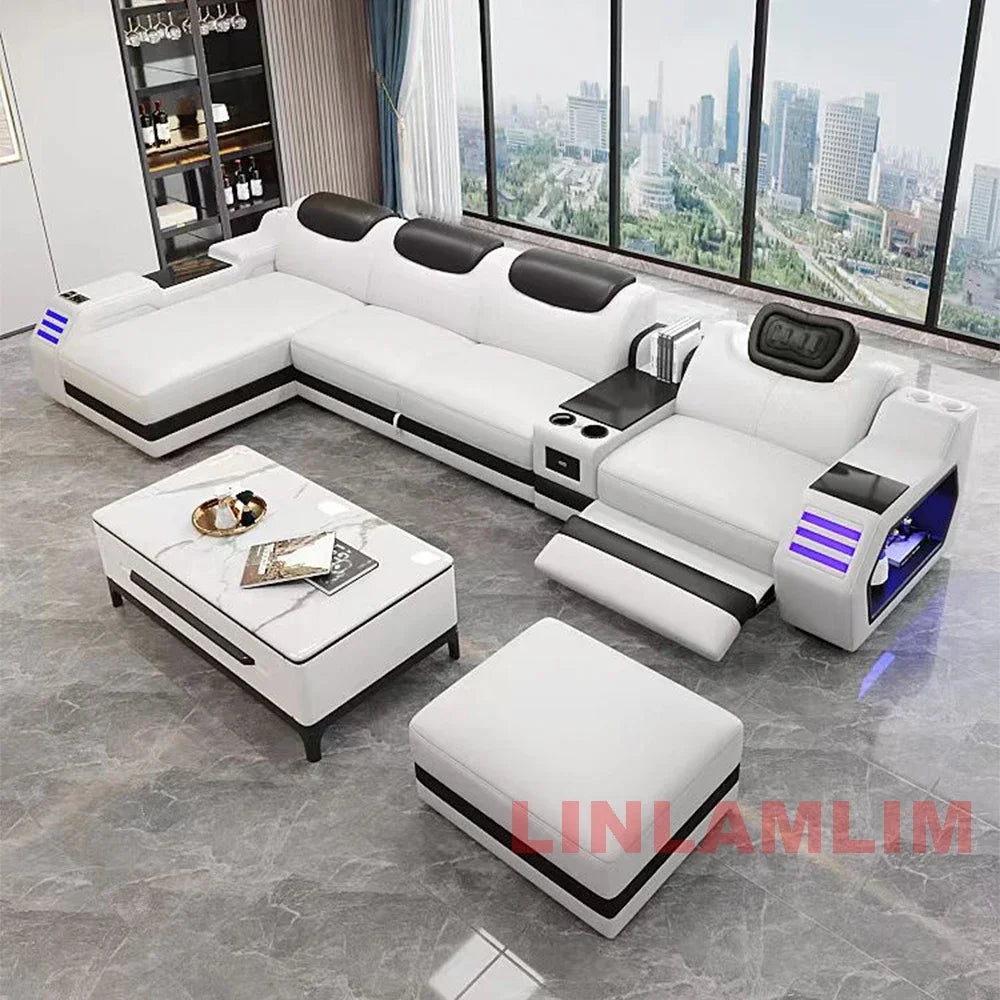 Modern L-Shaped Sectional Sofa Bed with Adjustable Headrests & LED Lights, Genuine Leather Recliner Couch with Storage & USB