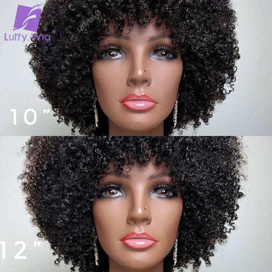 Short Pixie Cut Human Hair Wig With Bangs Brazilian Remy Afro Kinky Curly Bob Wig 180 Density Glueless For Black Women LuffY - AIAZ