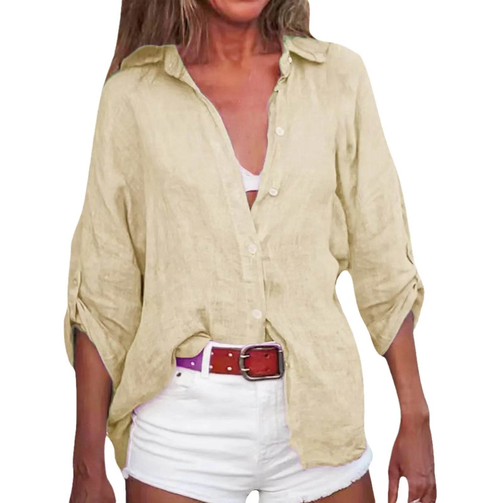 Women Cotton Linen Blouse Shirt Summer Female Turn Down Collar Three Quarter Loose Blouse Tops Woman shirts & blouses - AIAZ