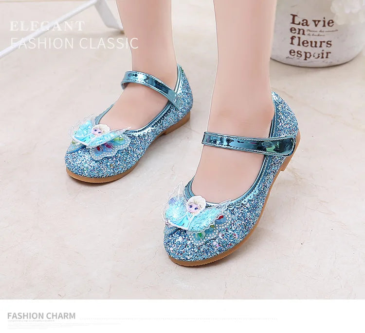 Disney Elsa Frozen Girls Princess Shoes Spring and Autumn Flat Paillette Shoes Children's Soft Sole Baby Casual Shoe Party Shoes