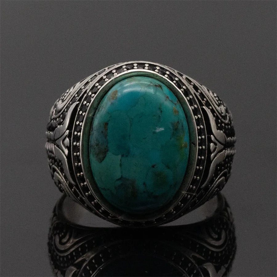 Natural Turquoise Stone Ring Men Pure Sterling Silver 925 Gemstone Ring Men Turkish Handmade Jewelry