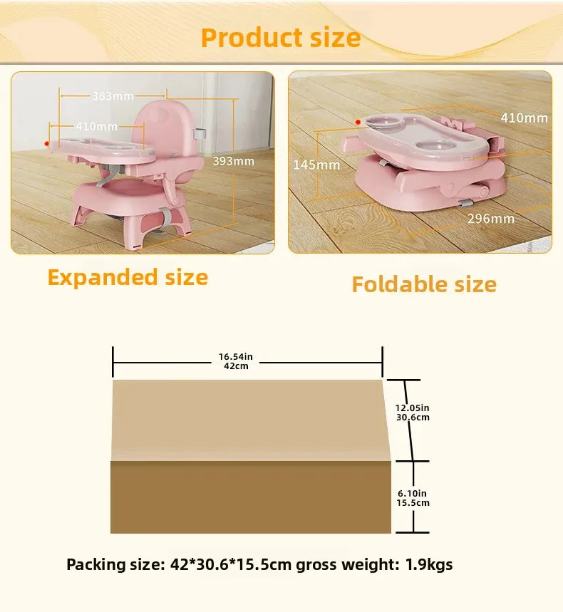 Foldable Baby Dining Chair - Adjustable Height Portable Highchair with Anti-Slip Base & Safety Harness for Home/Restaurant Use