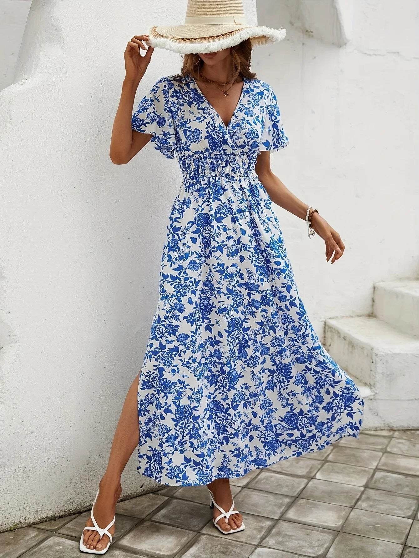 long dresses 2024 women's bohemian printed sexy V-neck short sleeved dress - AIAZ