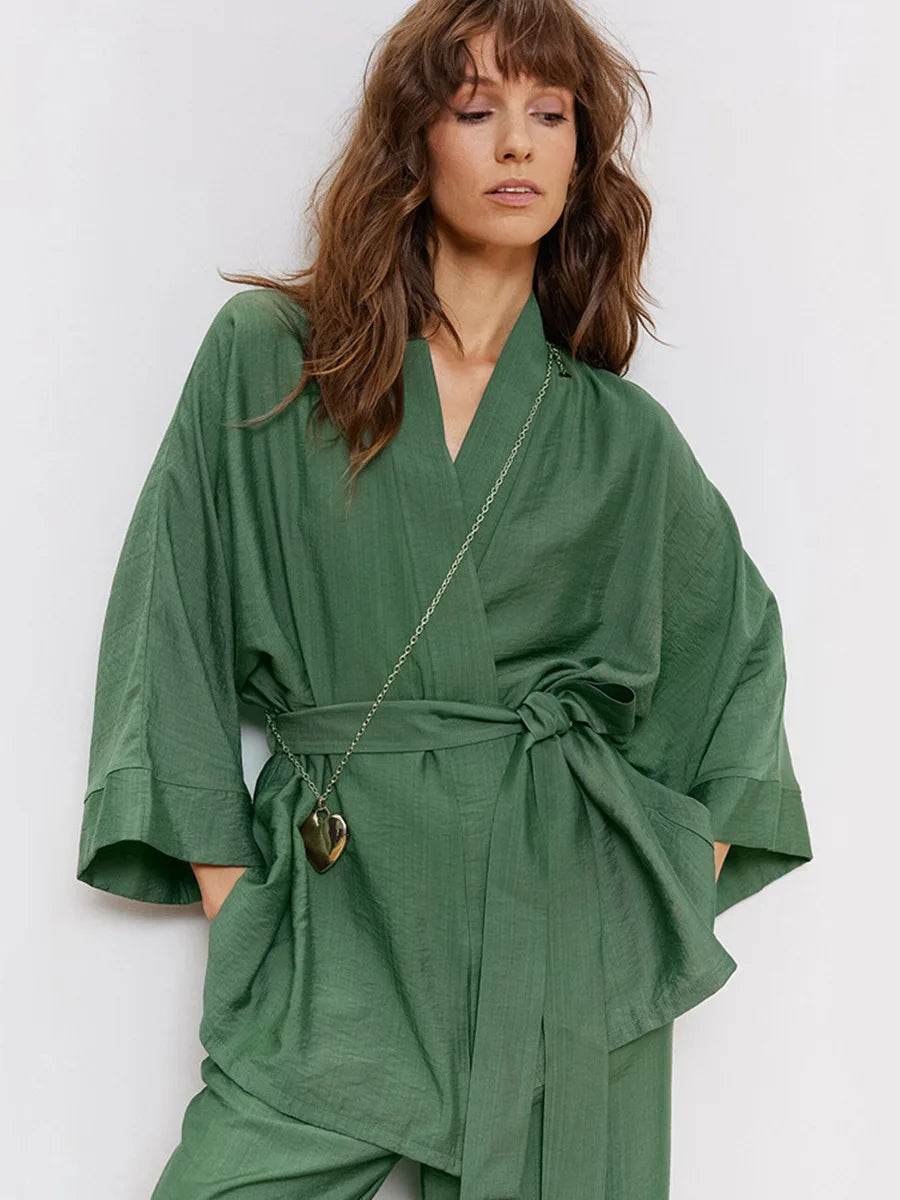 Mozuleva Women's Long Sleeved Pajama Set New Autumn Green Lace Up Pajamas Loose Pants Leisure Home Clothing 2-piece Set - AIAZ