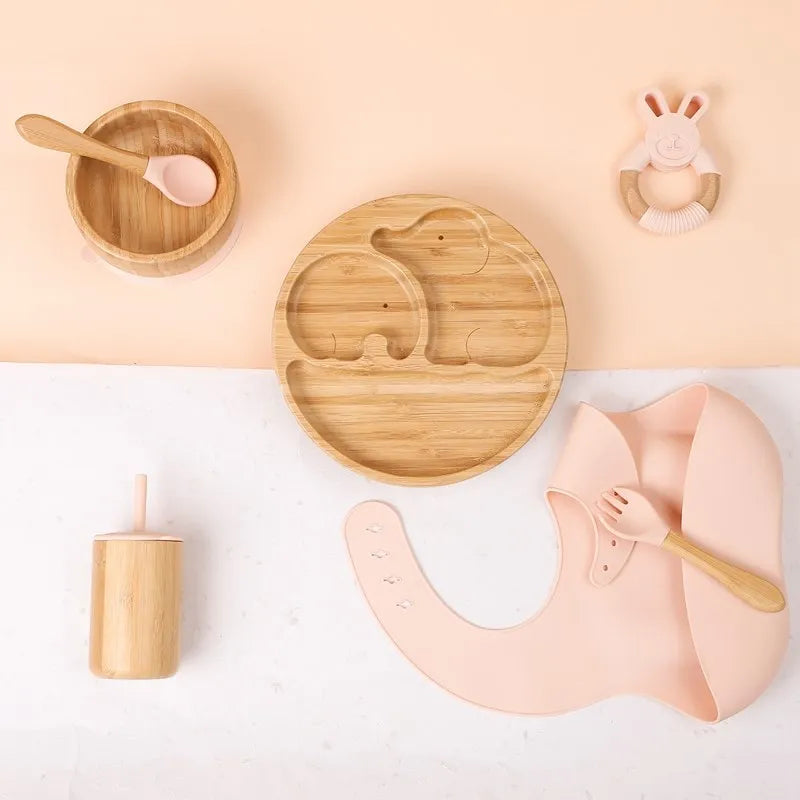 Wooden Dinner Plate Feeding Supplies Bamboo Baby Tableware Silicone Suction Plate Bowl BPA Free Baby Stuff Newborn Accessories