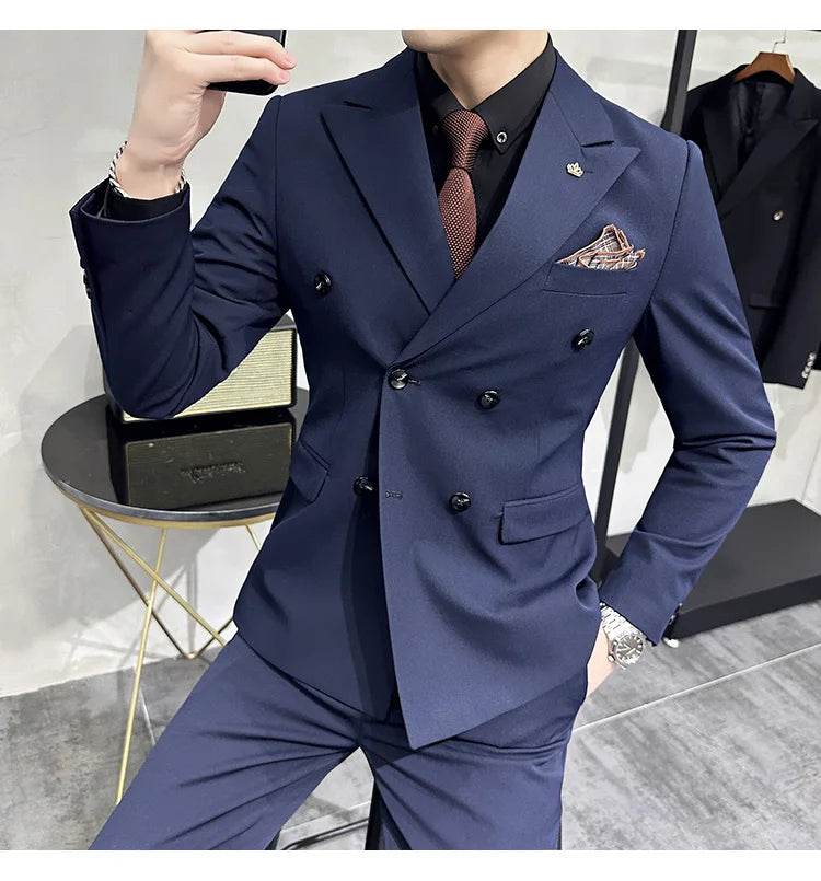 Jackets + Pants / Groom's Wedding Dress Best Fashion Mans Double -breasted Suit Blazer Trousers Male Formal Business Office Suit - AIAZ