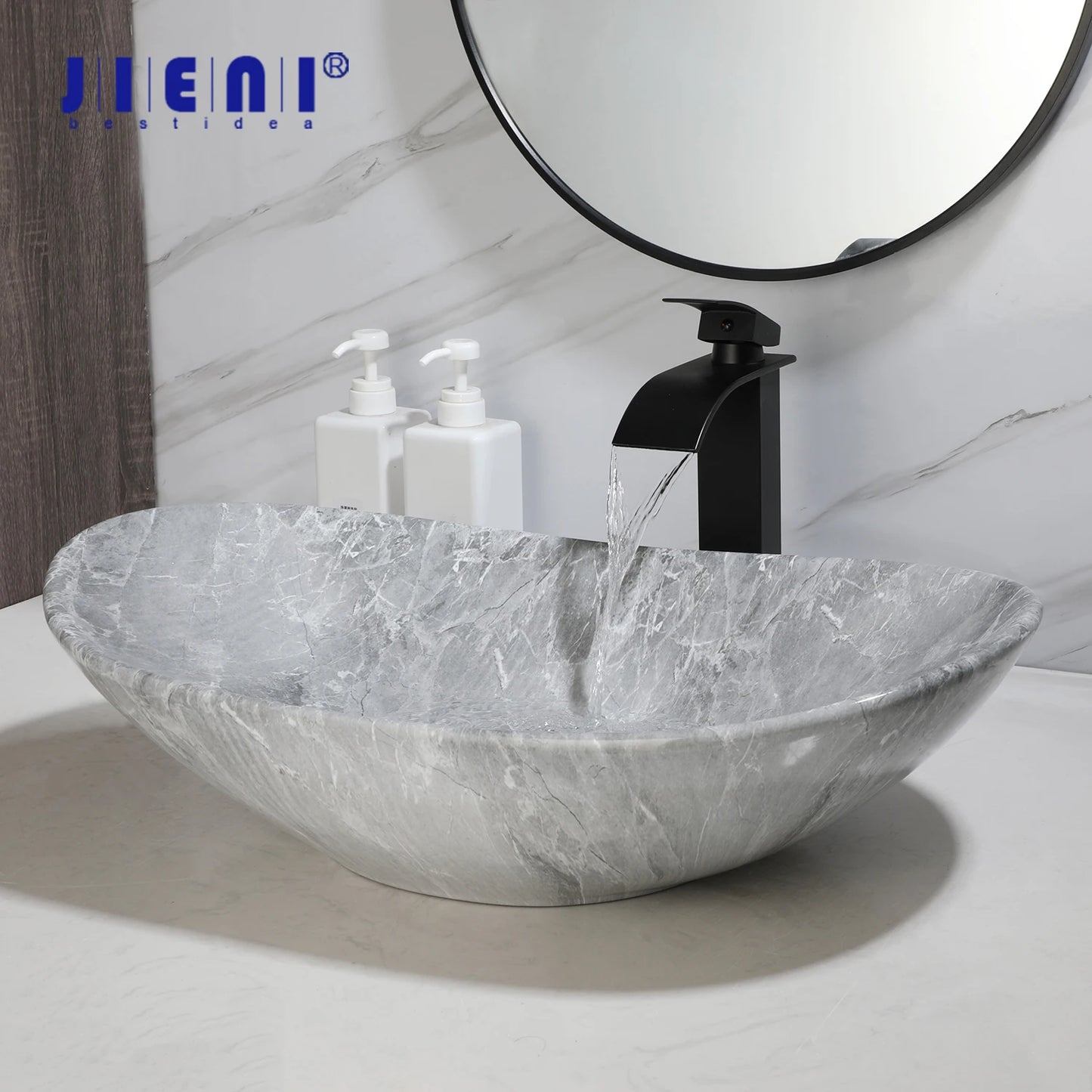 JIENI European Style Bathroom Sink Set Ceramic Washbasin Black Waterfall Faucet Pop Up Drain Combo Oval Counter Top Sinks