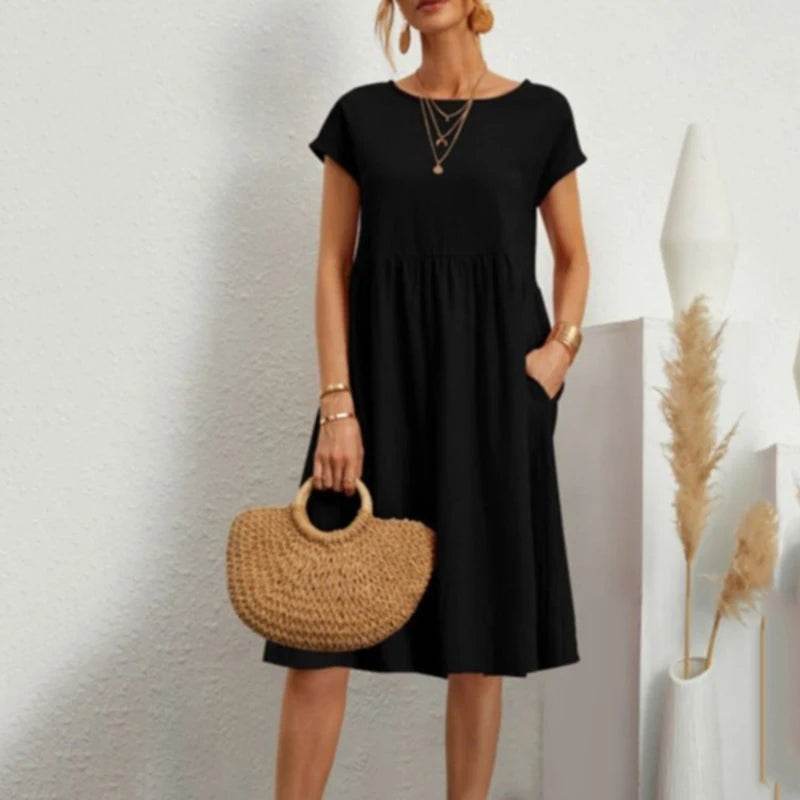 Women's Dresses 2025 Summer Fashion Casual Dresses Women Loose Mid Length Over Knee Dress New Short Sleeve Solid Dress Woman - AIAZ