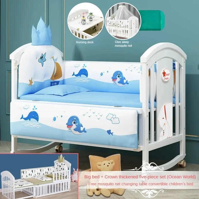 Solid wood spliced crib Multifunctional European style children's bed Movable newborn cradle large bed Baby Rest Chair