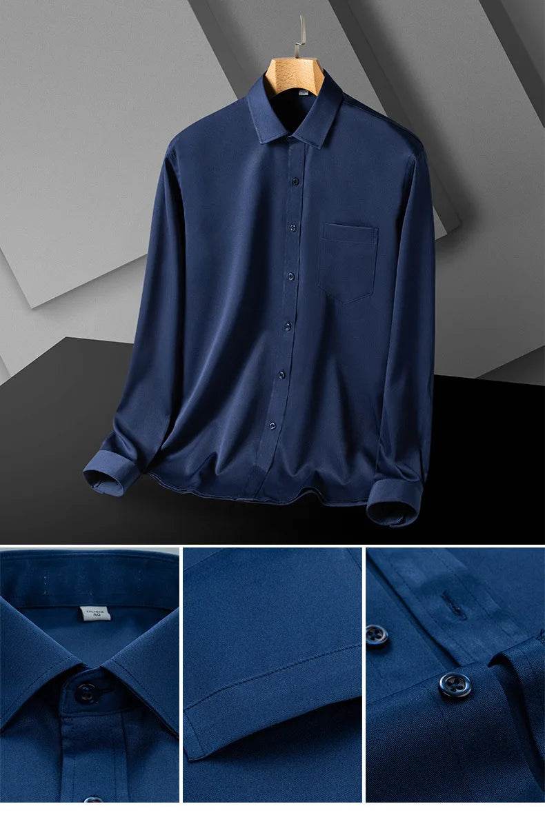 Classic Shirts For Men Long Sleeve Business Causal Stretch Soft Solid Formal Anti-wrinkle Non-iron Navy Party Wedding Blouse 5XL - AIAZ