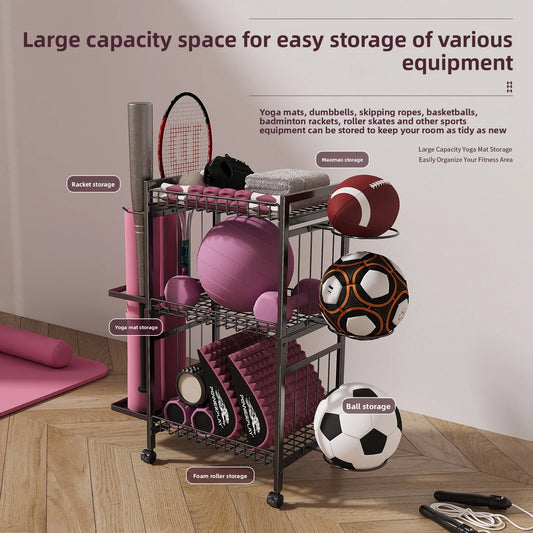 Disassemble and Assemble Sports Equipment Rack Universal Roller Design Basketball Yoga Mat Fitness Equipment Storage Basket