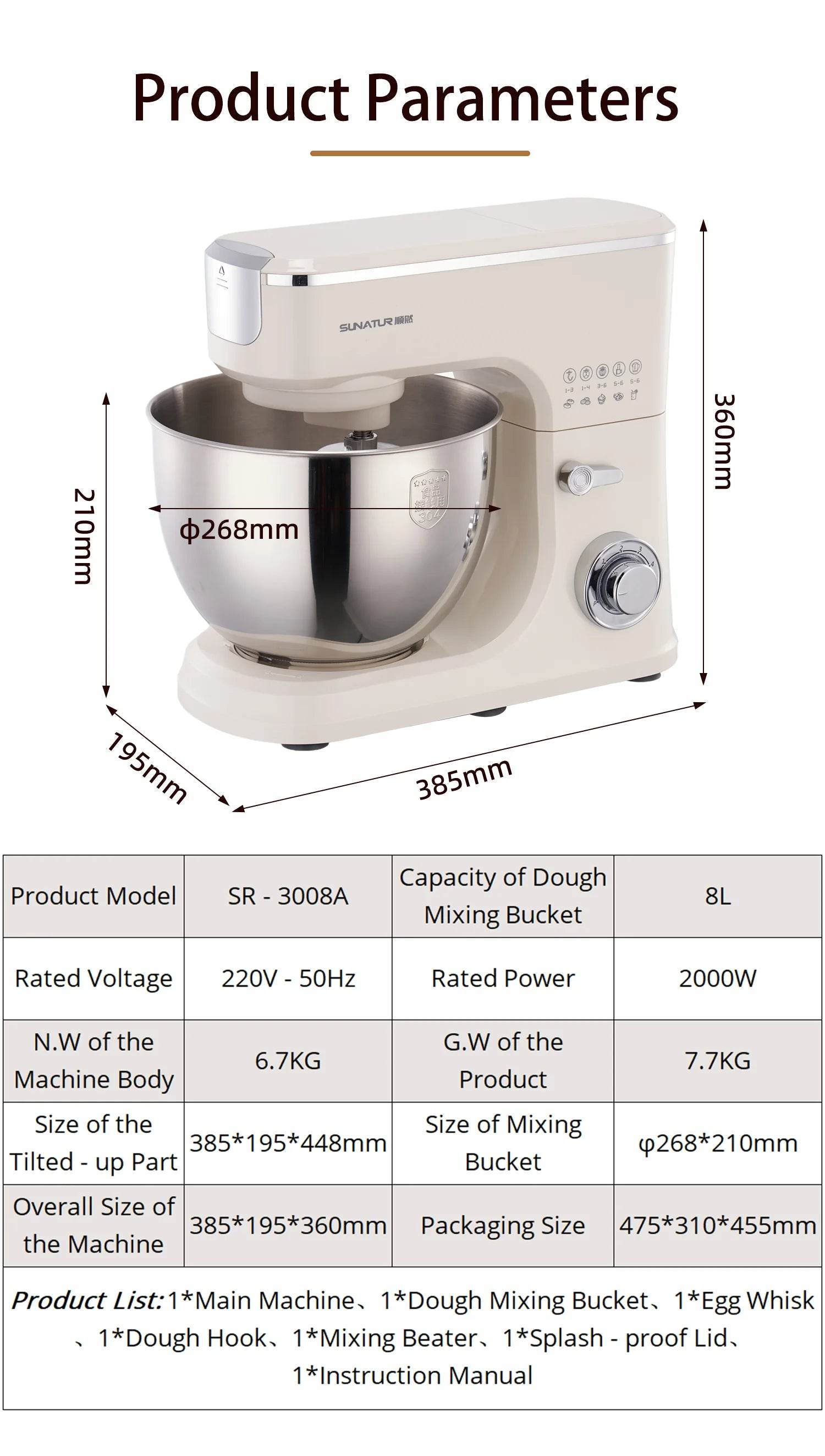 SUNATUR 2000W electric kitchen blender 8L stand mixer machine Egg Beating cream All-in-One Mixer Household Auto Dough Kneading - AIAZ