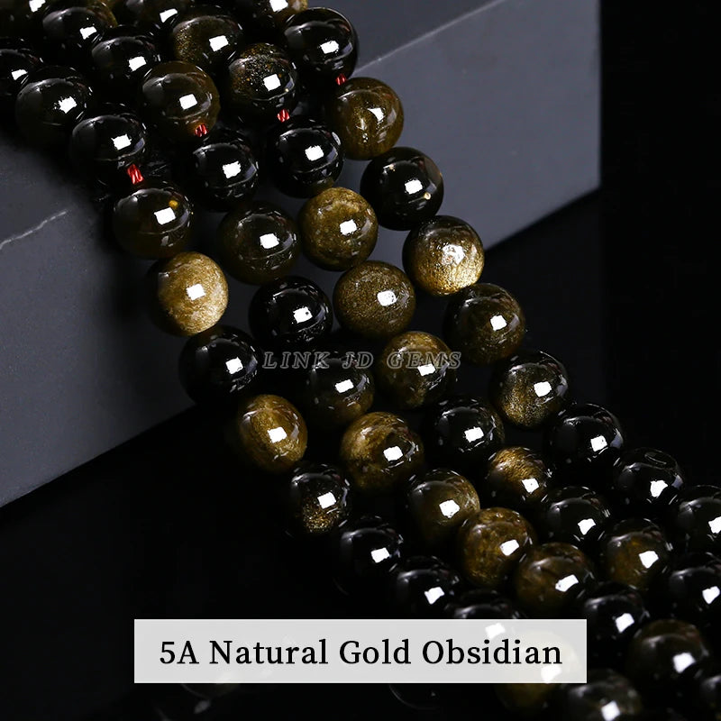 Natural Stone Golden Black Obsidian Bead Shinny Round Loose Gemstone Bead for Jewelry Making Diy Bracelet Necklace Accessory 15"