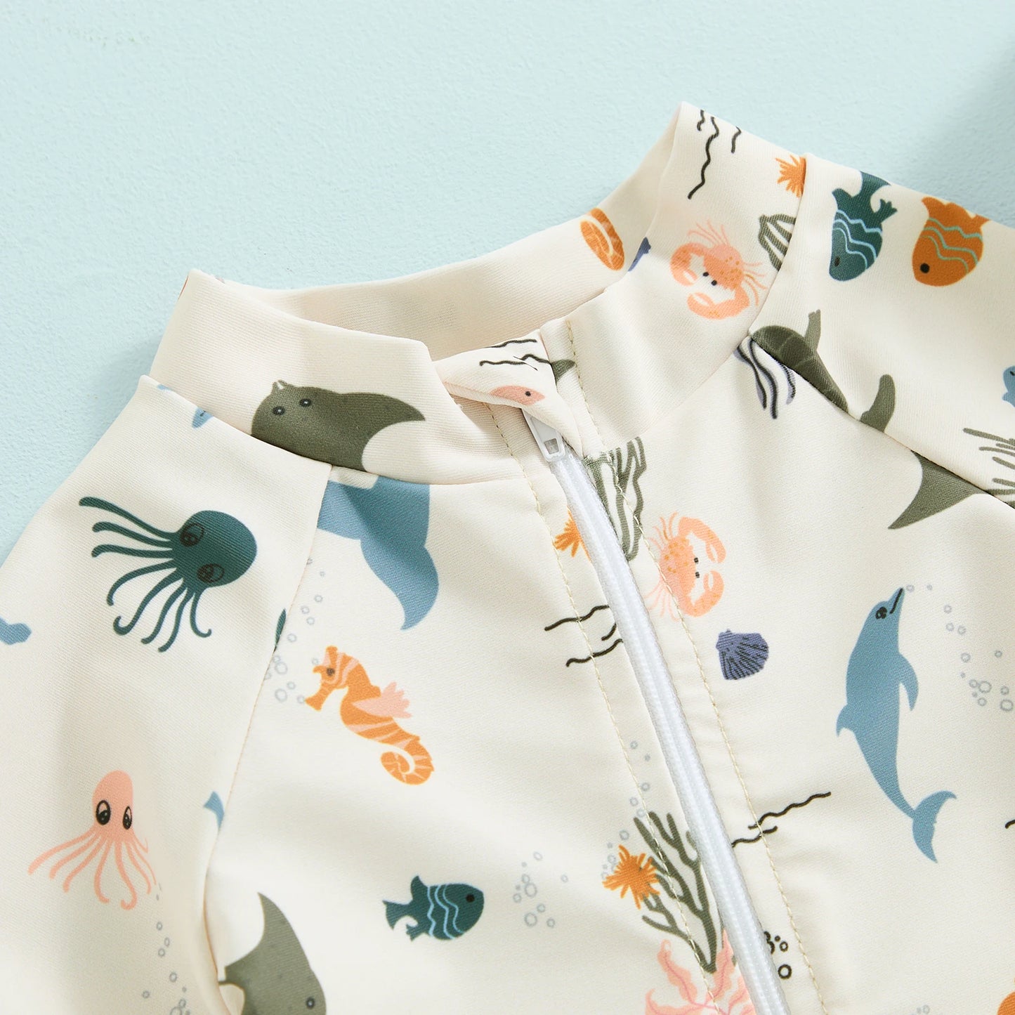 Infant Baby Boys Swimsuit Sun Protection Bathing Suit Toddler Short Sleeve Animal Print Zipper Swimwear + Hat Children Beachwear