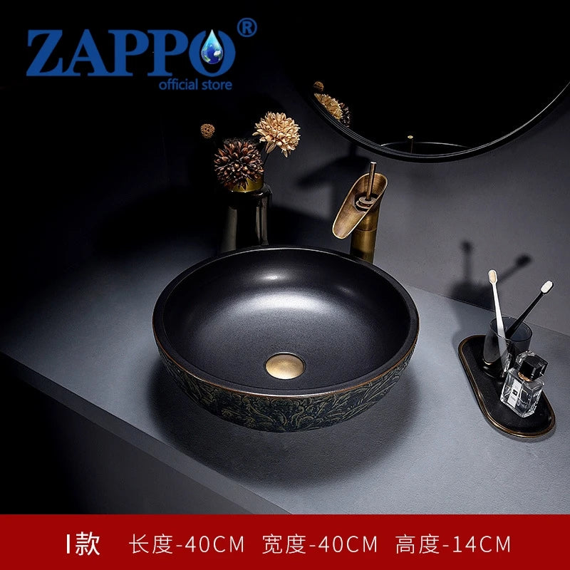 ZAPPO Round Vessel Sink with Faucet Drain JinDezhen Ceramic Vessel Sinks Oval Bathroom Sink Bowl Above Counter with Mixer Tap