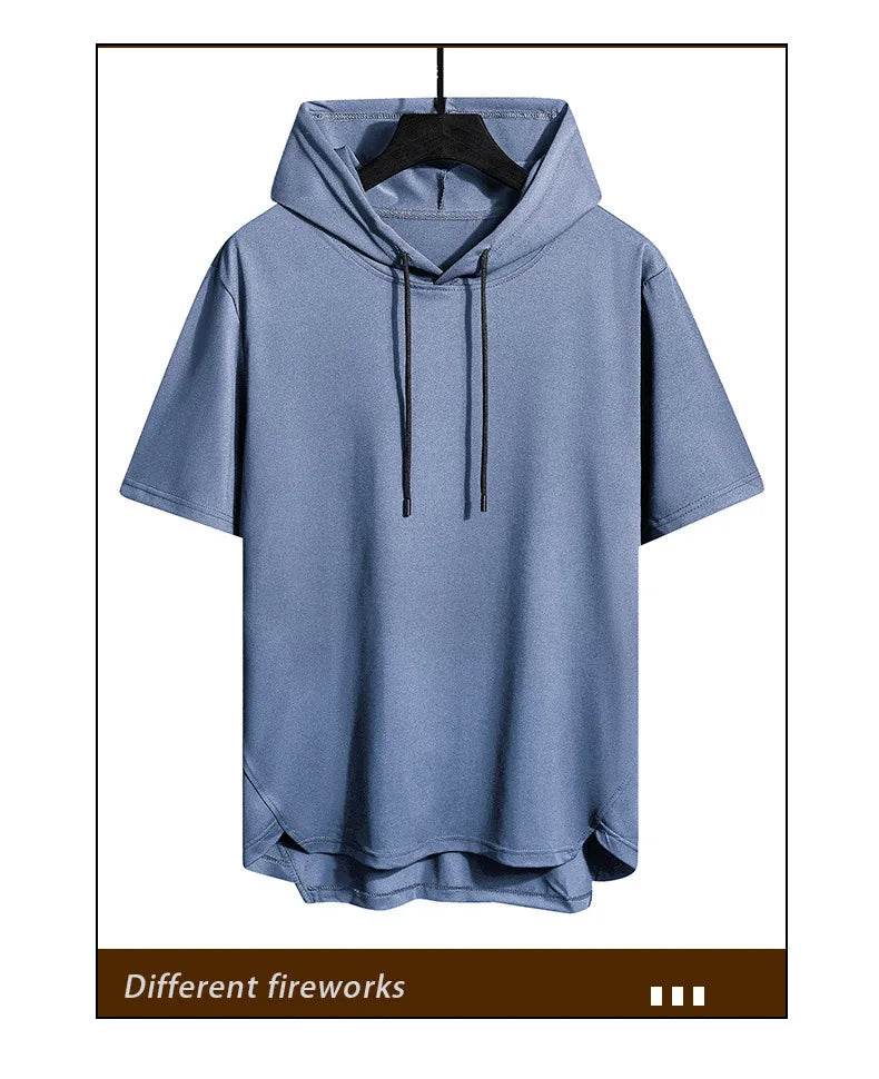 2025 Men's Summer Hoodies T-shirts Short Sleeve Solid Color Loose Hooded Drawstring Pullover Tops Basic Tees for Daily Wear Male - AIAZ