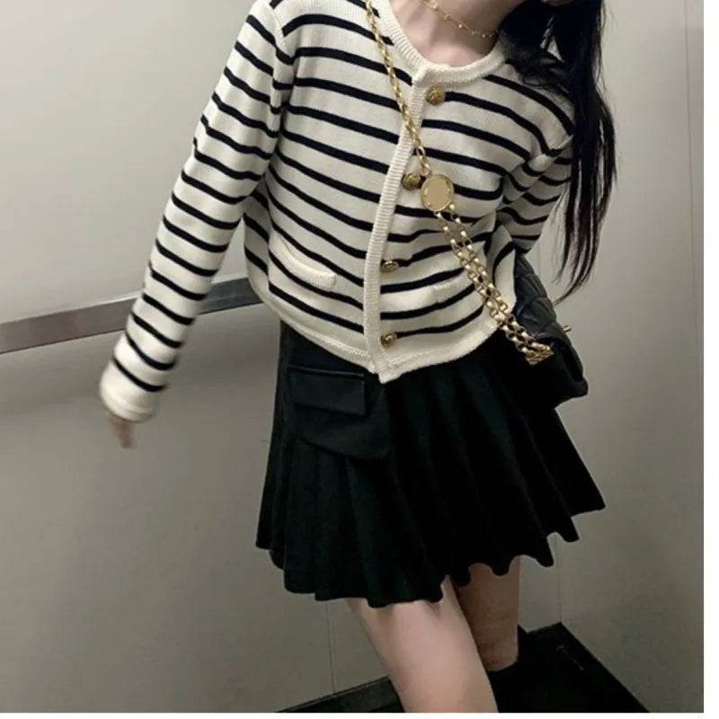 Women Stripe Knitted Cardigans Spring Autumn O-neck Single Breasted Long Sleeve Crop Tops Fashion Casual Chic Female Sweaters - AIAZ