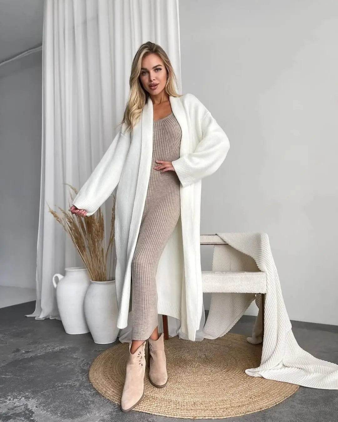 Women's Cardigan Wool Jacket Loose Retro Temperament Elegant Solid Color Collarless Knitted Long Sleeved Cardigan Jacket - AIAZ