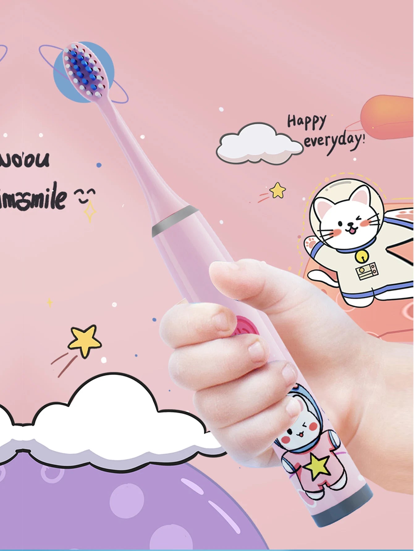 Children's Electric Toothbrush Color Cartoon Space Series Children's Soft Hair Cleaning Brush (Battery Not Included)
