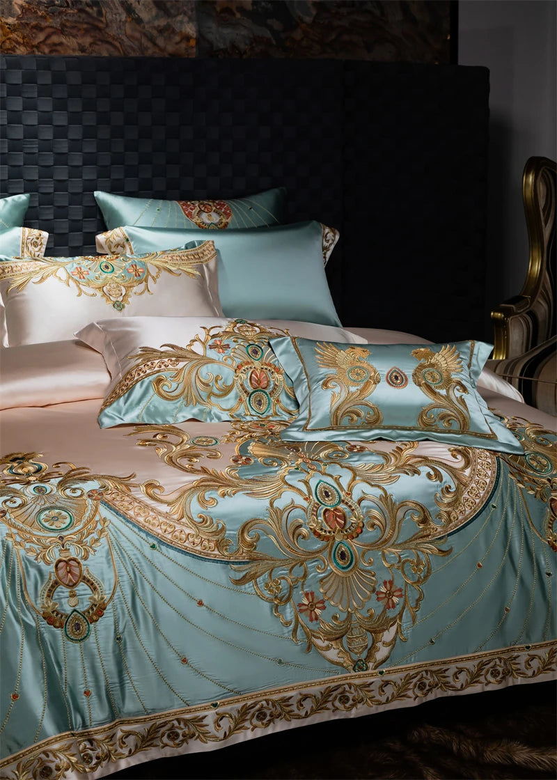 4/6/9Pcs Gorgeous European Palace Style Royal Embroidery Bedding Set Brocade Egyptian Cotton Duvet Cover Bed Sheet Pillowcases