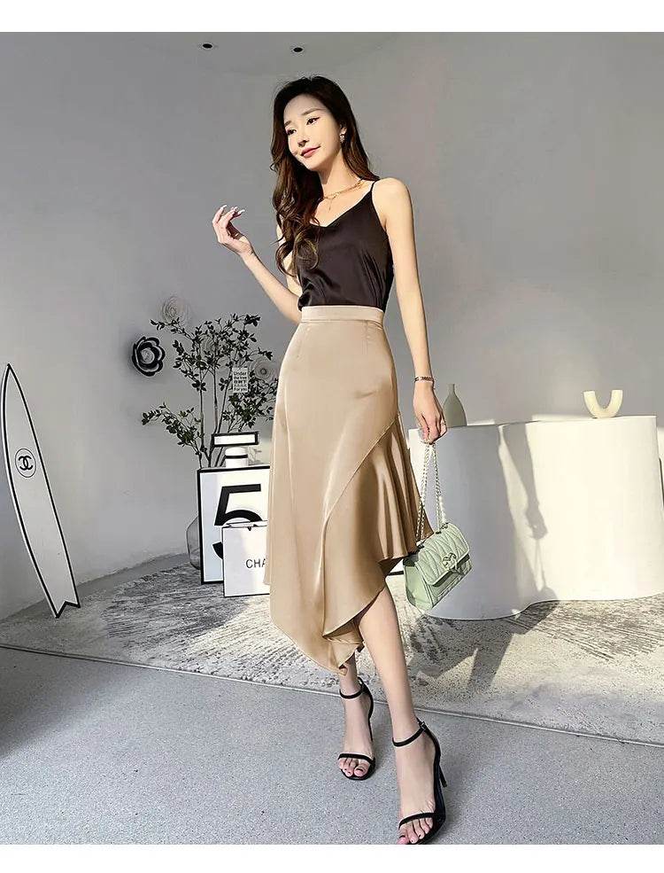 Elegant High Waist Satin Skirts Women Irregular Mermaid Skirt Fashion Streetwear Casual A-Line Skirts Office Lady Long Skirts - AIAZ