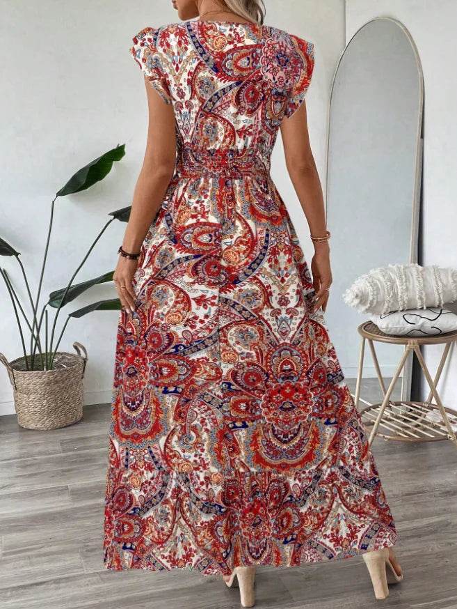 new dresses 2025 woman vestidos para mujer vintage dress Printed V-neck fashion dress Loose ruffle long dresses - AIAZ