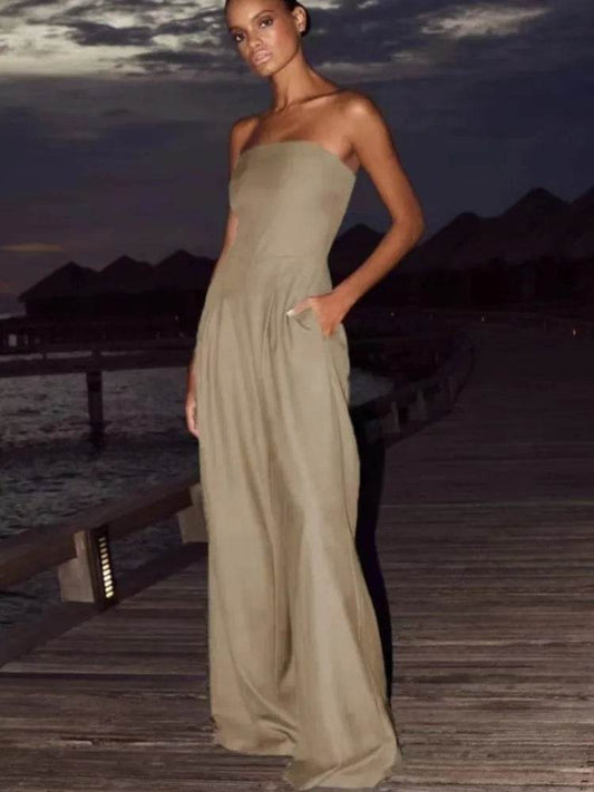 Summer Women Jumpsuit Fashion Strapless Solid Color Sleeveless Bandeau Loose Wide Legs Pants Casua Romper High Streetwear - AIAZ