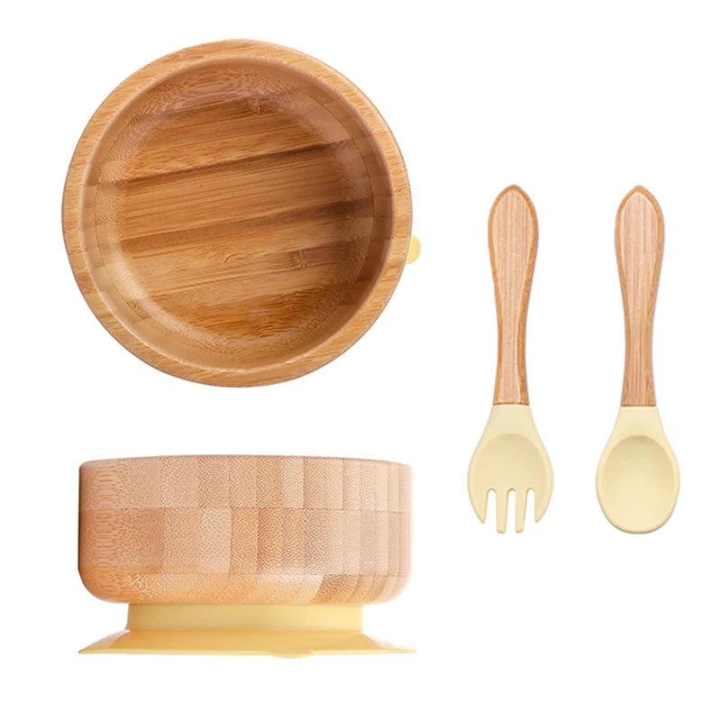 Baby Feeding Bowl Food Tableware Kids Wooden Training Plate Silicone Suction Cup Removable Wooden Fork Spoon Children's Dishes