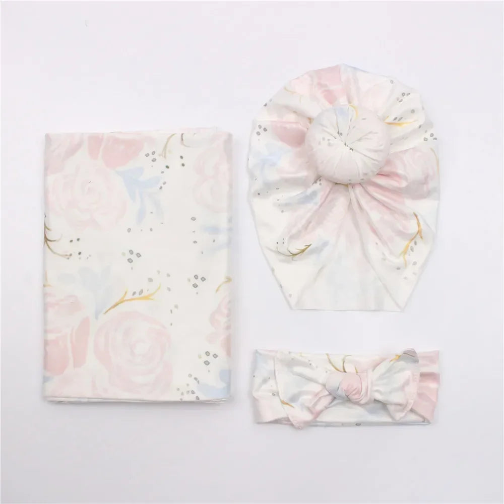 3pc/set Baby Swaddle Wrap New Born Receiving Blanket for Newborn Babies Accessories Soft Floral Headband Hat Bedding Baby Items
