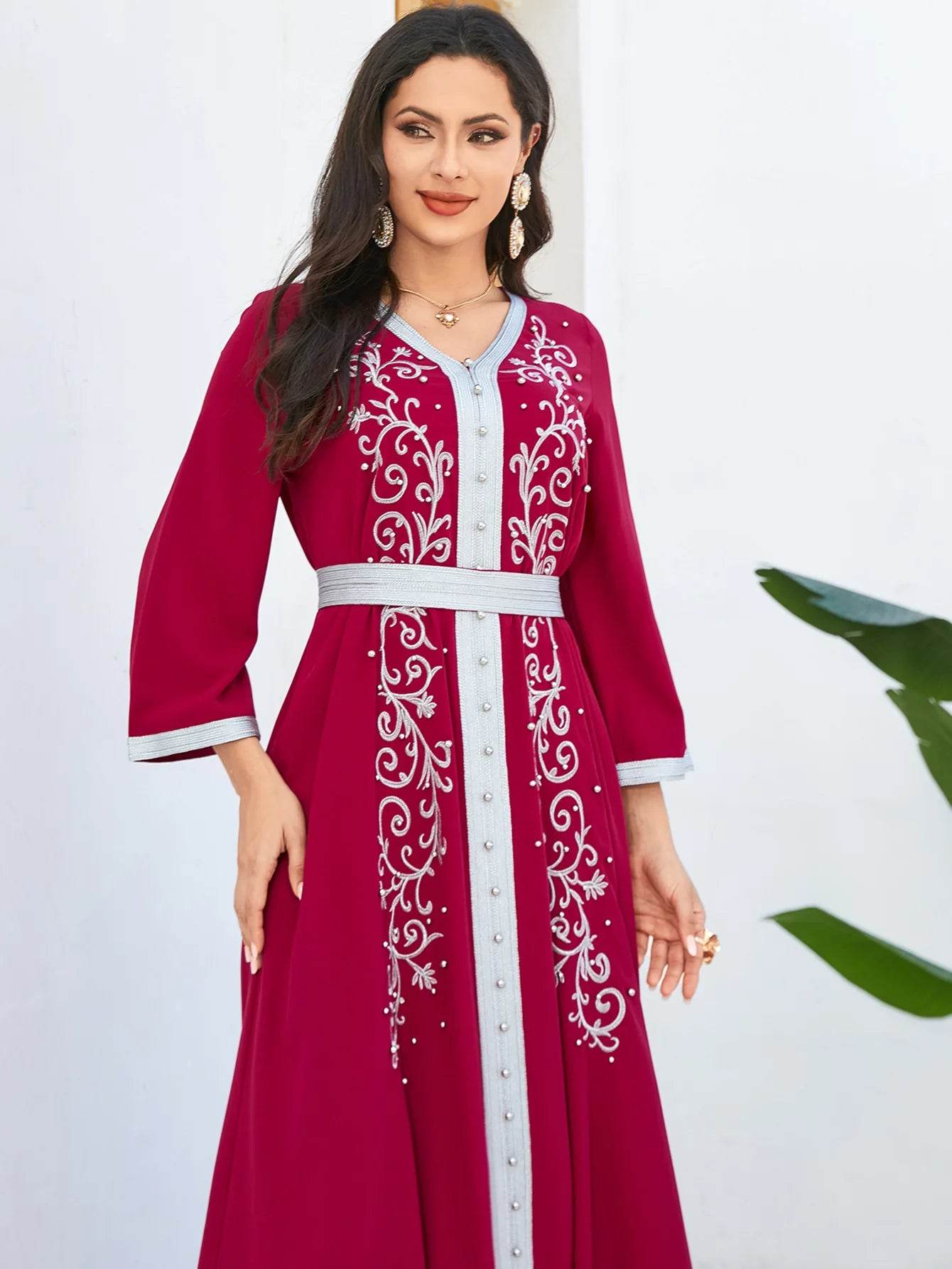Muslim Fashion Beading Ebroidered Print V-neck long-sleeved Dress Moroccan Islamic Dress With Belt Elegant Party Dress - AIAZ