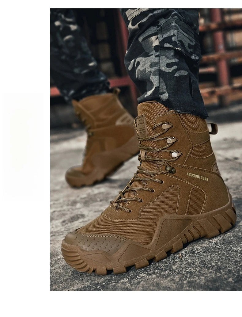Outdoor Hiking Shoes Men Casual Combat Boots Men Breathable Wear-resistant Anti-slip Flat Comfortable High-top Boots Men