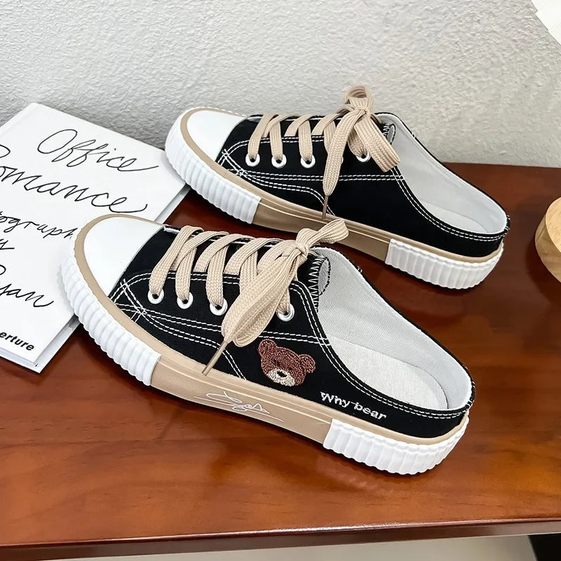 Women Cute Bear Canvas Shoes New Flat Casual All-match Half Slippers Korean Version Trend Lace Up Ladies Vulcanized Shoes 2024