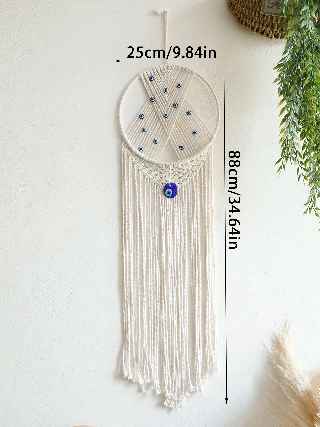 Handmade Macrame Wall Hanging with Fringe and Evil Eye Beads – Boho Chic Yarn Tapestry Home Bedroom Living Room or Nursery Decor