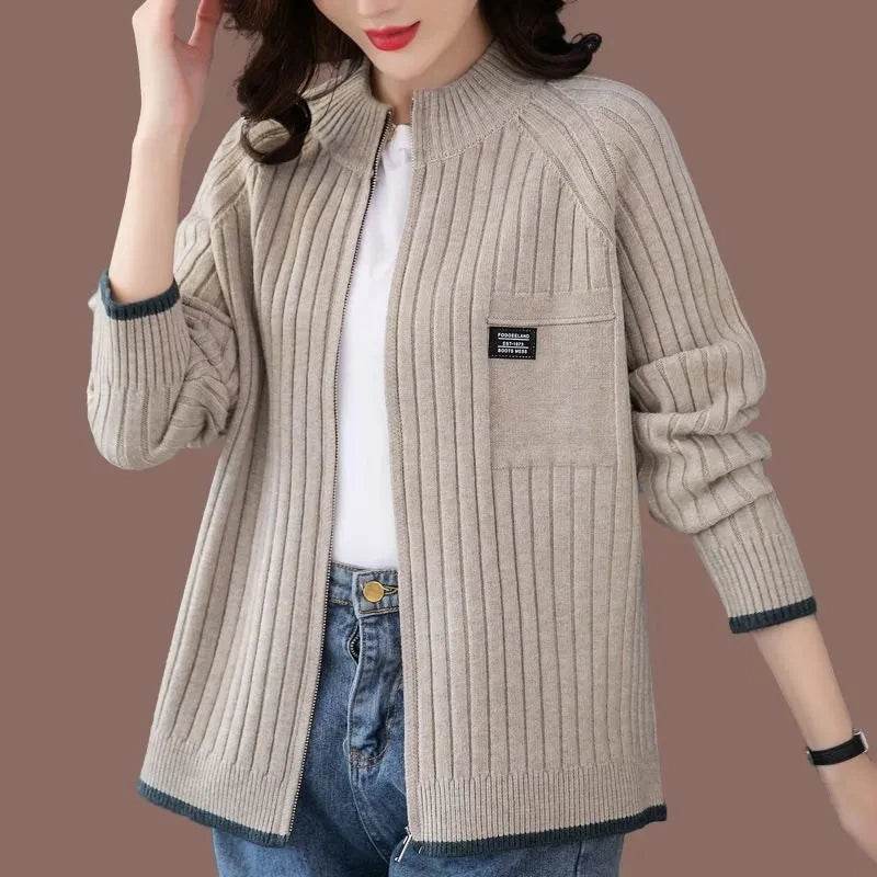 Knitted Cardigan Women's Coat 2025 Autumn Winter New Long sleeved Casual Zipper Sweaters Outwear Female Short Knitt Jacket - AIAZ