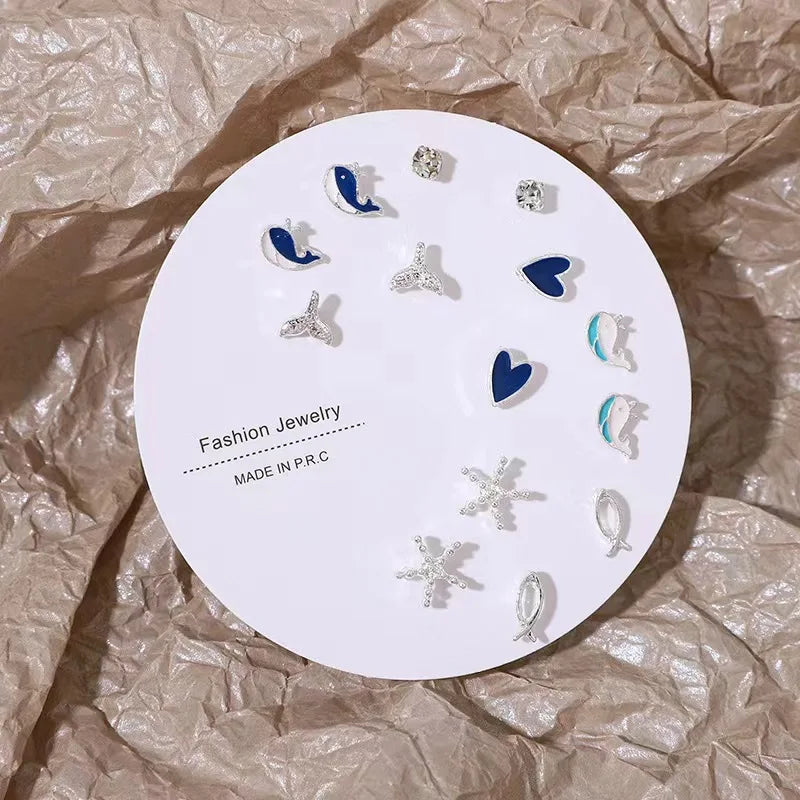 7 Pair/Set Korean Silver Color Fashion Geometric Female Small Earrings Multiple Pairs of Butterfly Cute Stud Earrings Jewelry