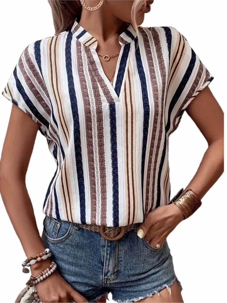 Women's Tops Blouses New 2025 Summer Casual Fashion Striped Print V-neck Short Sleeve Shirt Elegant Women Shirts Tops Streetwear - AIAZ