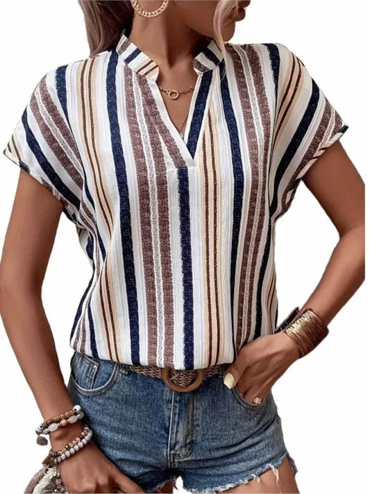 Women's Tops Blouses New 2025 Summer Casual Fashion Striped Print V-neck Short Sleeve Shirt Elegant Women Shirts Tops Streetwear - AIAZ
