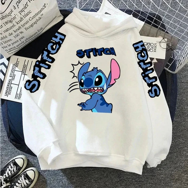 Boys Girls Disney Stitch Angel Cartoon Fun Print Fall and Winter Long Sleeve Top Kids Casual Comfortable Soft Hooded Sweatshirt