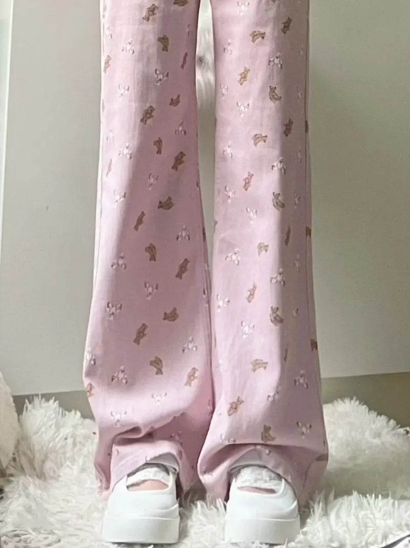 Pink Jeans Women Sweet Cute Cartoon Bear Print High Waist Wide Leg Pants Vintage Girls Casual Y2k Aesthetic Loose Denim Trousers - AIAZ