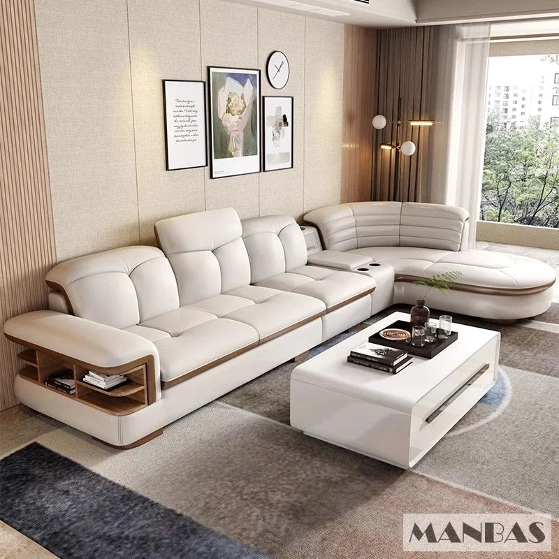 Luxury L-Shaped Genuine Leather Sectional Sofa Sets with USB, Bluetooth Speaker - Linlamlim Living Room Italian Leather Couches